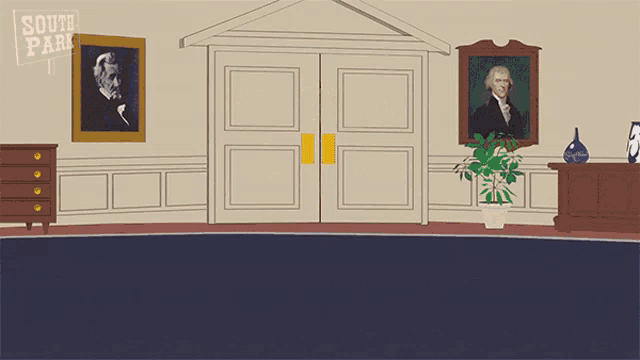 a cartoon drawing of a room with a sign that says south park on it