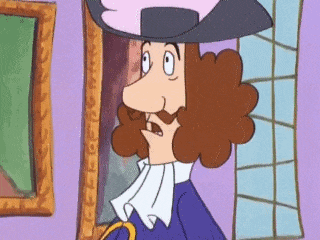 a cartoon man with curly hair and a hat is standing in front of a picture .