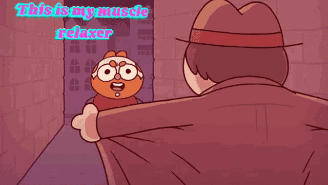 a cartoon of a man holding a massage gun with the words this is my muscle relaxer above him