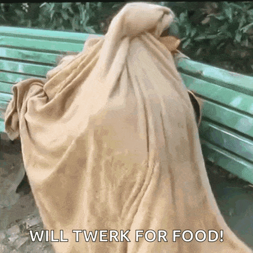 a person wrapped in a blanket sitting on a bench with the words will twerk for food