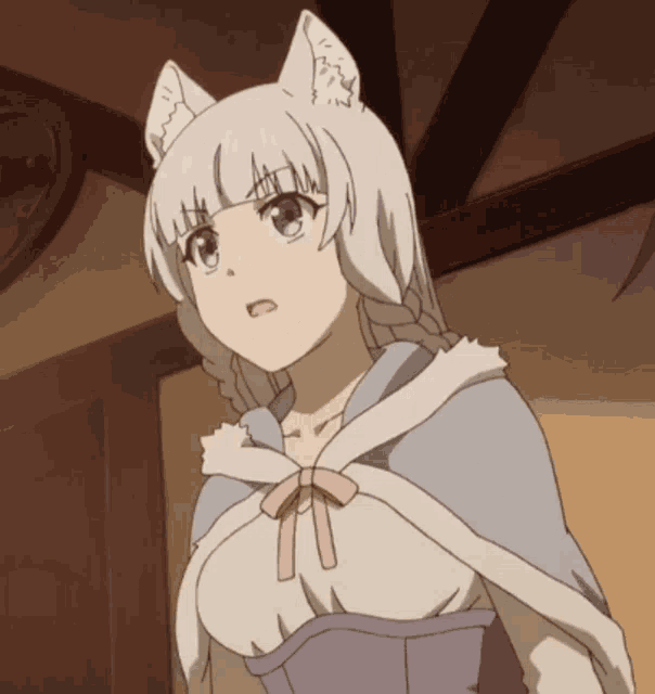 a girl with white hair and cat ears looks surprised