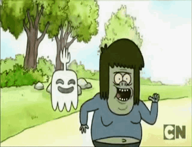 a cartoon character is running next to a ghost with a fork .