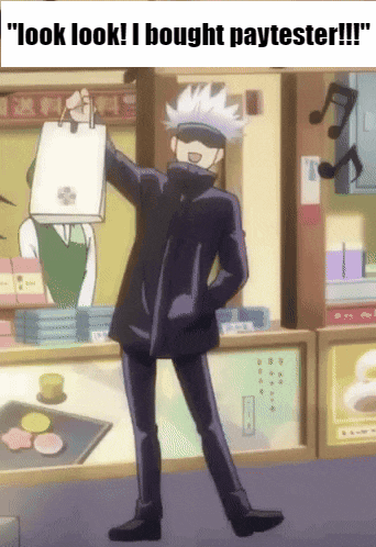 a cartoon character is holding a bag and says " look look i bought paytester "