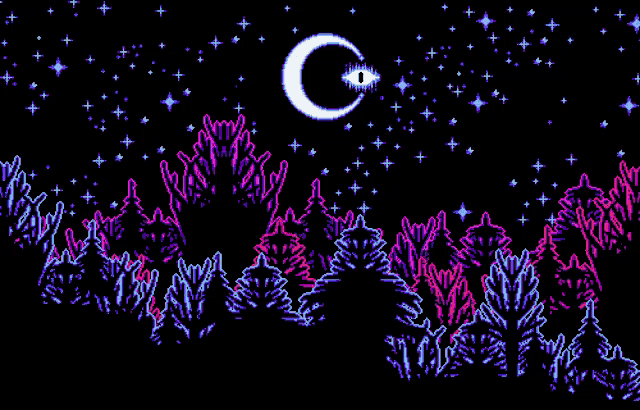 a pixel art of a night sky with a crescent moon and an eye