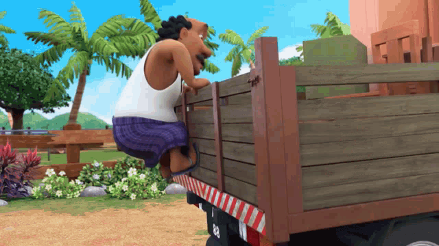 a cartoon man is sitting on the back of a truck with the number 1 on the back