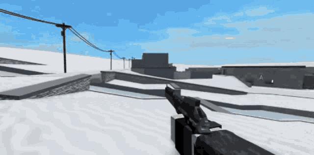 a person holding a gun in front of a building with the letter a