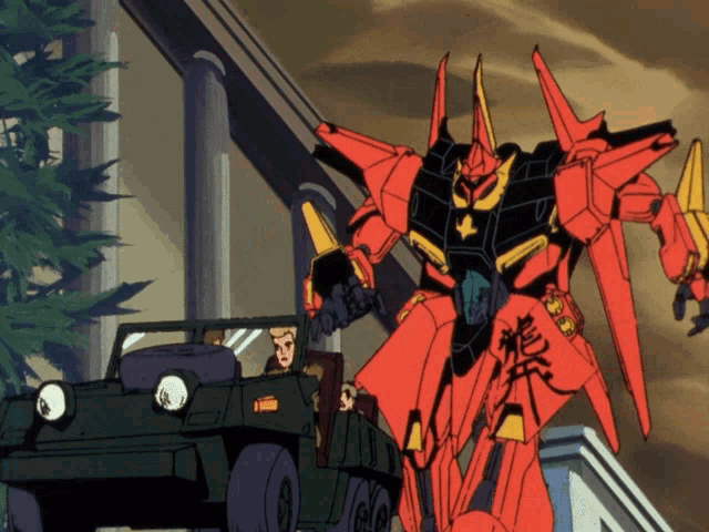 a red robot is standing next to a green jeep with chinese writing on it