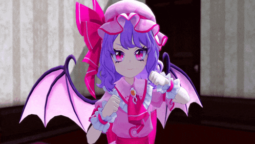 a girl with purple hair and pink wings is wearing a pink outfit