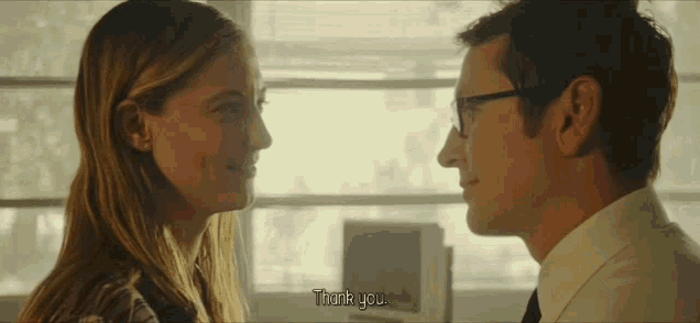 a man and a woman are looking into each other 's eyes and the woman says thank you