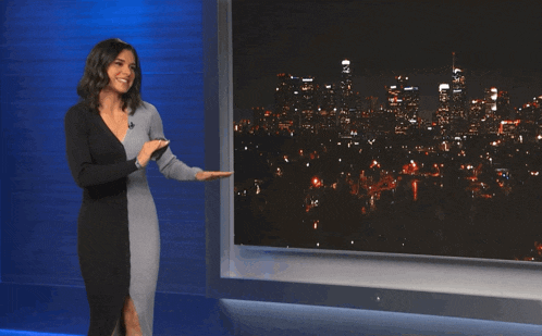 a woman in a black and gray dress is standing in front of a city skyline