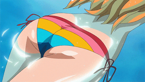 a cartoon drawing of a woman in a rainbow bikini