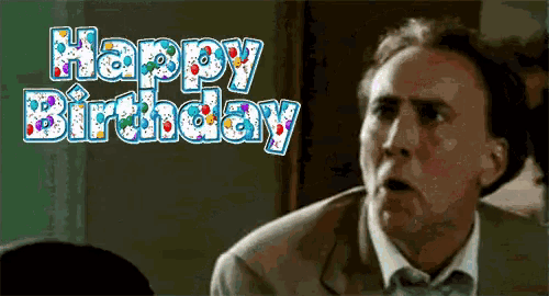 a man with a surprised look on his face is in front of a happy birthday sign