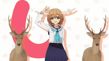 a girl in a school uniform with antlers stands next to two deer