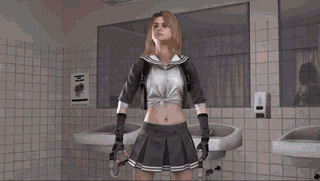 a woman in a skirt stands in a bathroom next to a sign that says " no smoking "