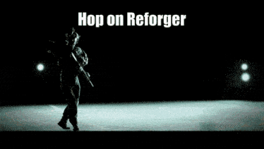a soldier is walking through a field with the words hop on reforger below him