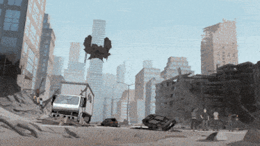a drawing of a destroyed city with a white truck
