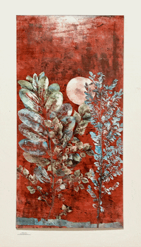 a painting of trees and leaves with a red background