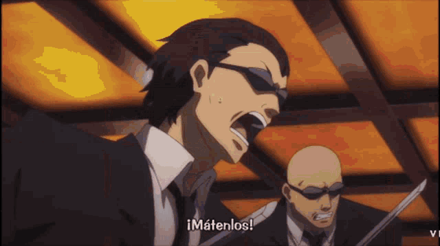 a man in a suit and tie is screaming with the word matenios written below him