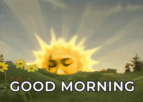 a cartoon of a sun with the words good morning below it