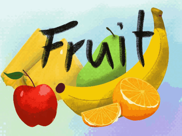 a bunch of fruit with the word fruit written in black