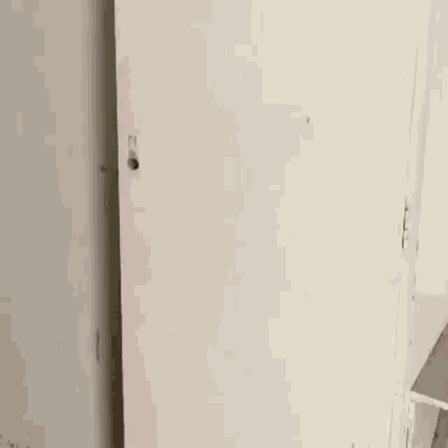 a person is standing in a dark room behind a white door .