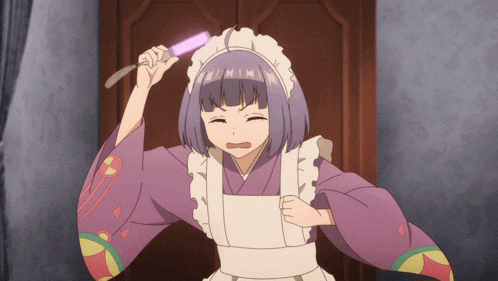 a girl in a maid outfit is holding a pink item in her hand
