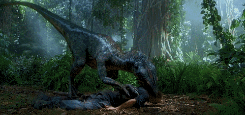 a dinosaur is eating a man in the jungle