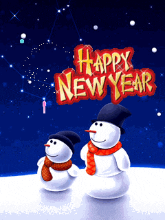 a happy new year greeting card with two snowmen