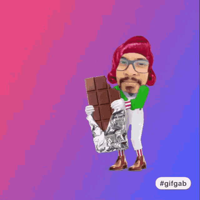a cartoon of a man holding a chocolate bar with a purple background