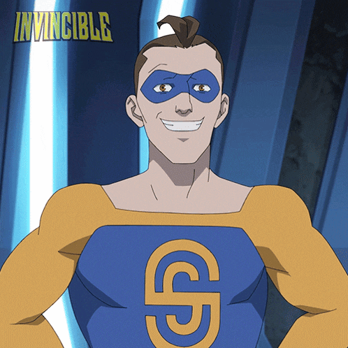 a cartoon of a man in a superhero costume with the word invincible above him