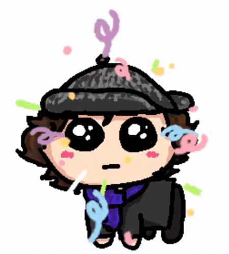 a cartoon drawing of sherlock holmes surrounded by swirls and confetti