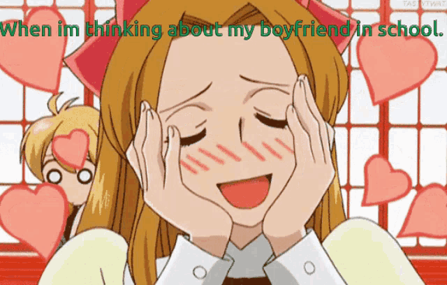 a cartoon of a girl with the words " when im thinking about my boyfriend in school " below her