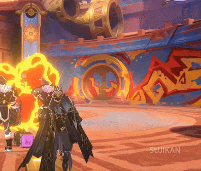 a video game character is standing in front of a wall that says sujikan on it