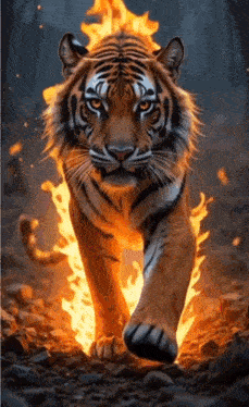 a tiger is walking through a field of flames .