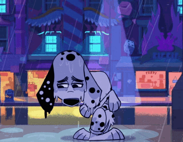 a dalmatian dog is standing in the rain in front of a store that says ' tiffany ' on it