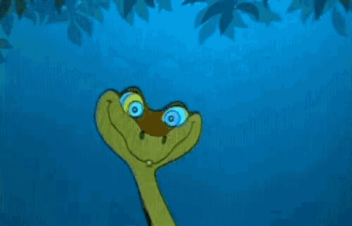 a cartoon snake with hypnotic eyes is smiling and asking the question trade ?
