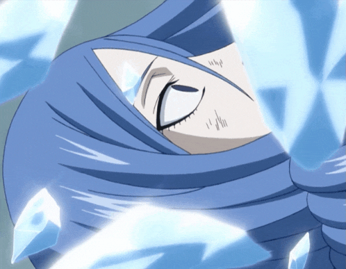 a close up of a blue haired anime character