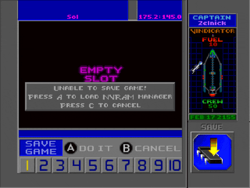 a computer screen shows an empty slot and a captain zelnick indicator