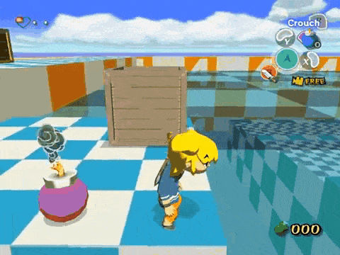 a video game screen shows a character standing next to a purple bottle and a box with the word crouch on it