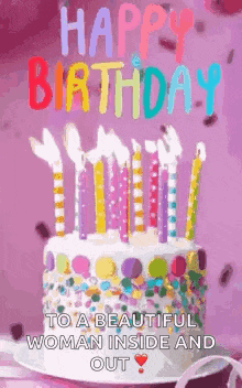 a birthday cake with candles and confetti on a purple background .