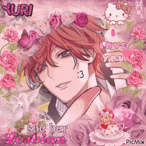 a picture of a girl with roses on her head and the words she her lesbian