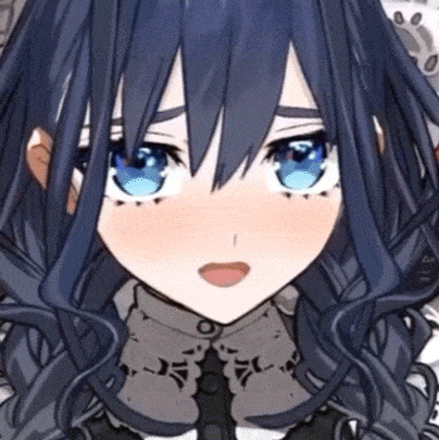 a close up of a anime girl 's face with blue eyes .
