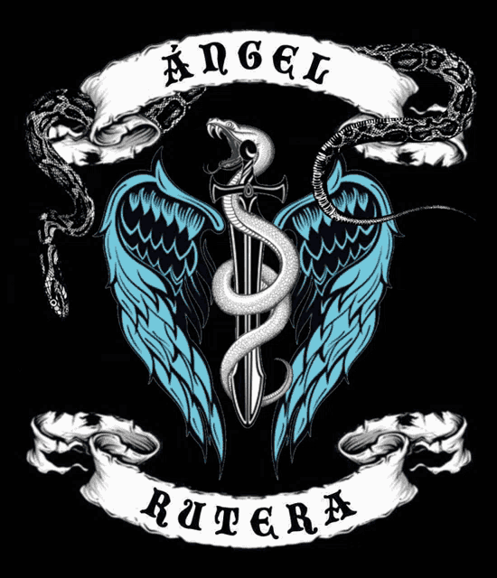 a snake is holding a sword with angel rutera written below it