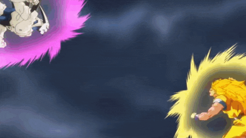 a cartoon of a man fighting another man with a purple and yellow light coming out of his chest .