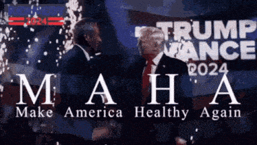 two men are standing in front of a trump banner that says maha make america healthy again