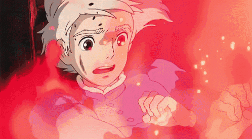 a close up of a person 's face in a cartoon with red smoke coming out of it .