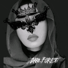 a black and white photo of a woman wearing a mask with the words dark forest written below her