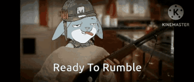 a cartoon rabbit is holding a shotgun with the words ready to rumble below it