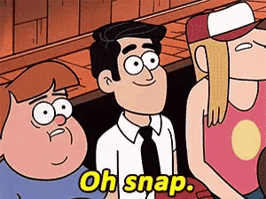 a cartoon character says oh snap while standing next to two other cartoon characters