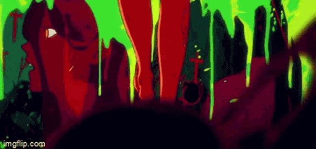 a person is standing in front of a green and red background with blood dripping from their feet .